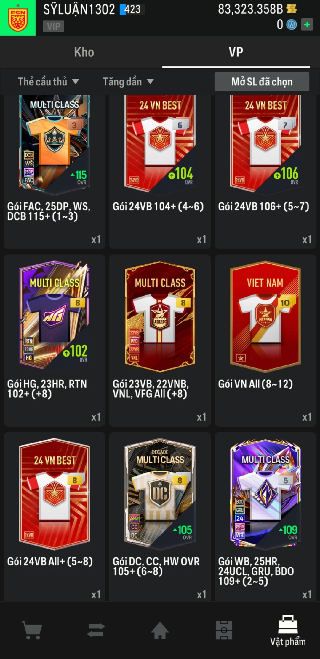 Ảnh ACC mở thẻ (LOẠI SVIP PROMAX) bao gồm có 01 thẻ +12, 03 thẻ PRIME (QH+, CP+, XS+) và hơn 1600+ đến 3500+ thẻ cầu thủ từ Siêu sao đến Miền núi các loại. Acc có sẵn BP trắng từ 55.000 tỷ BP đến 90.000 tỷ BP